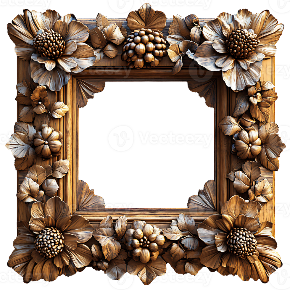 wooden frame . exquisite wooden frame with intricate detailing full of cones and flowers for picture placement . wooden border frame top view flat lay isolated. picture frame with empty center png