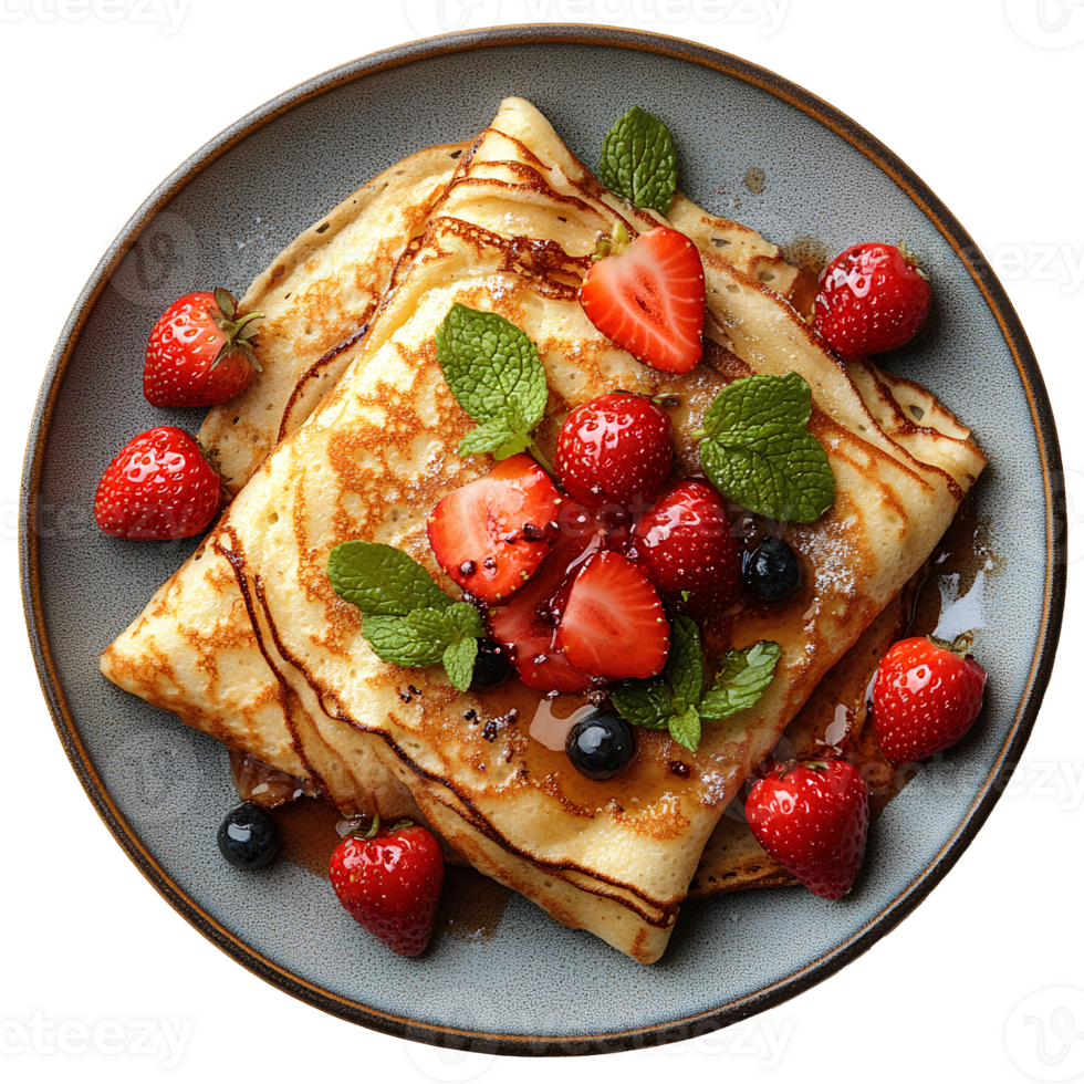 Strawberry crepes on plate top view . Pancakes with strawberry jam flat lay . Strawberry dessert full of strawberries isolated. Strawberry crepe . Strawberry pancake png