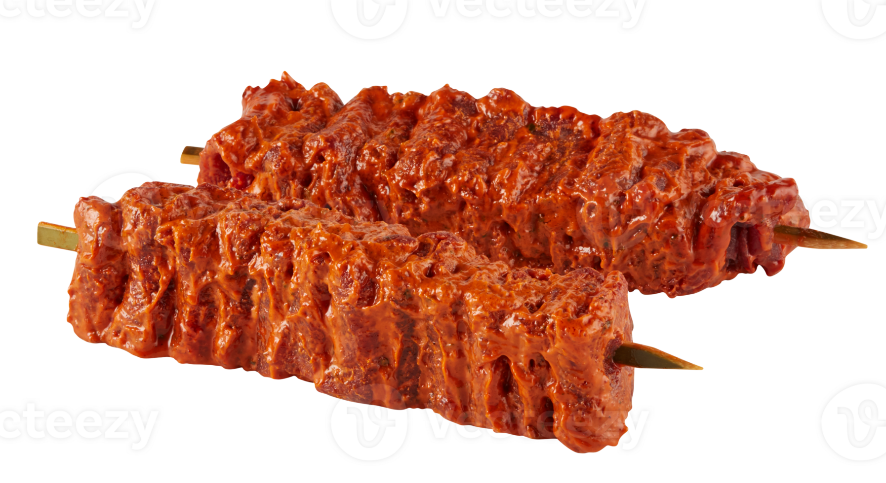 Pork coated in red sauce on skewers cut out isolated transparent background png