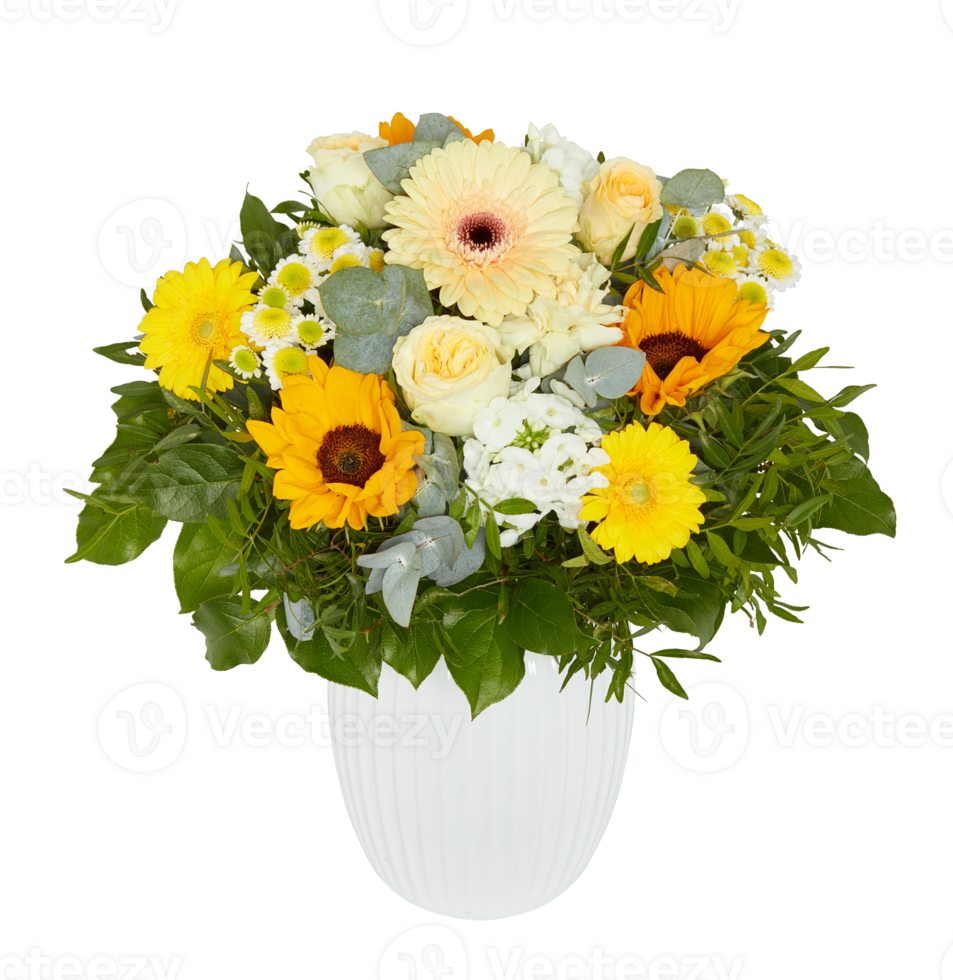 yellow flower bouquet Orange cream, white vase cut out isolated transparent background png