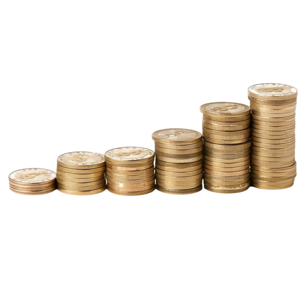 Stacks of Coins Increasing in Height from Left to Right on a Transparent Background for Financial Growth and Investment Concepts png
