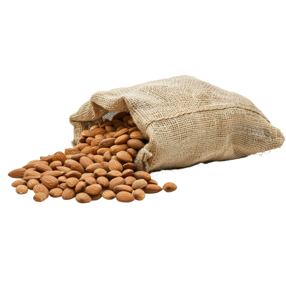 Rustic Burlap Sack Filled with Whole Almonds Spilling Out on a Transparent Background for Healthy Eating and Nut Photography png