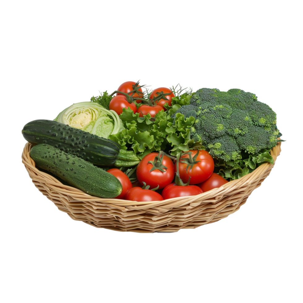 Fresh and Colorful Wicker Basket with Tomatoes, Cucumbers, Lettuce, and Broccoli Ideal for Organic Food and Healthy Lifestyle Photography png