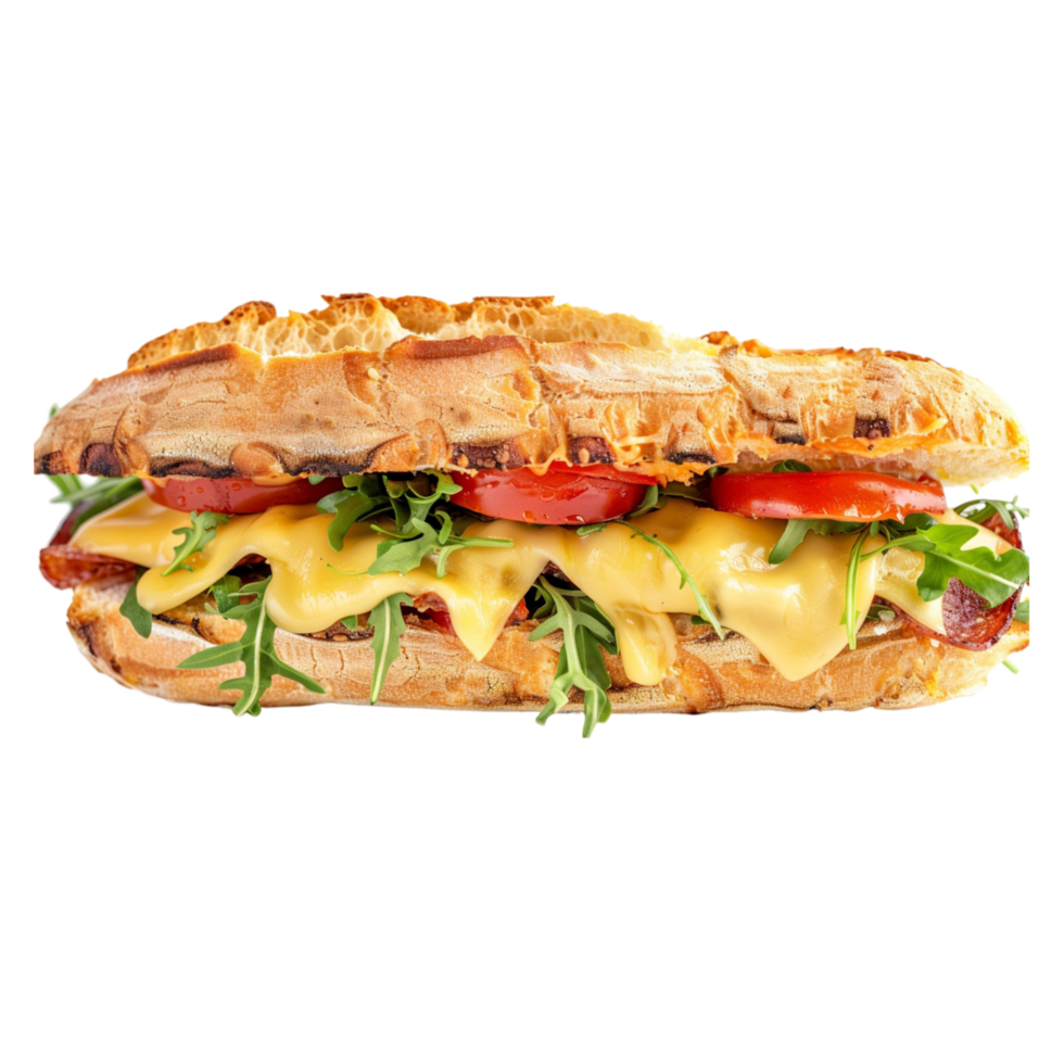 Delicious Baguette Sandwich with Melted Cheese Fresh Tomatoes Arugula and Savory Salami on a Transparent Background for Culinary Projects png