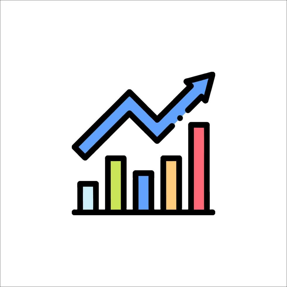 A colorful graph bar icon with an arrow going up vector