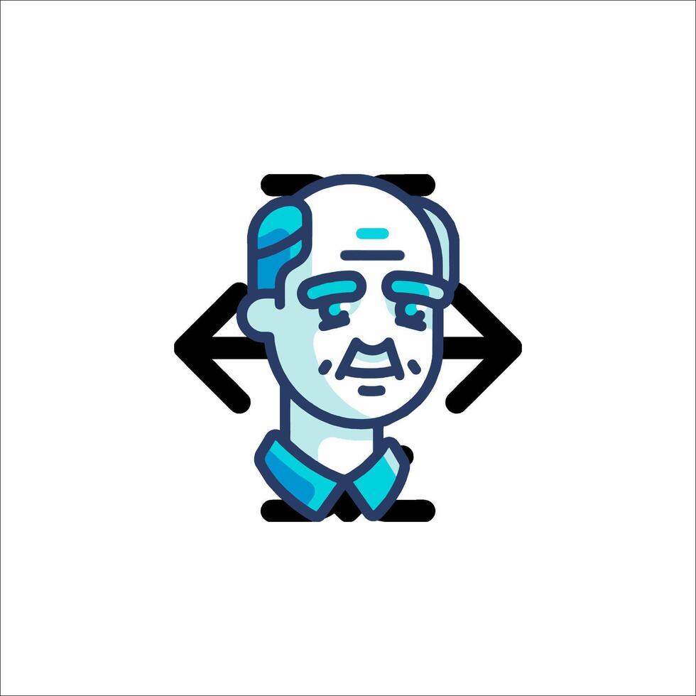 A man with a blue shirt and a blue arrow pointing to the left vector
