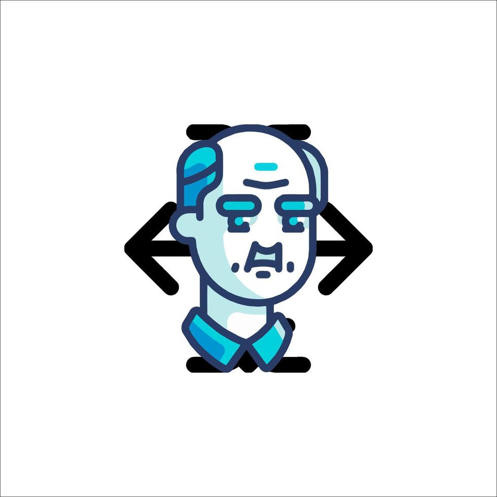 A man with a bald head and a blue arrow pointing to the left vector