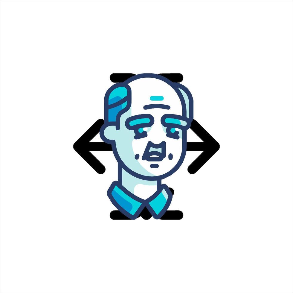 A man with a bald head and a blue arrow pointing to the left vector