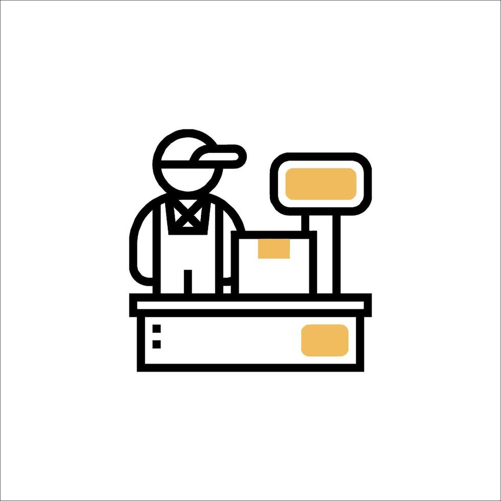 A man in a hat and a box is standing at a checkout counter vector