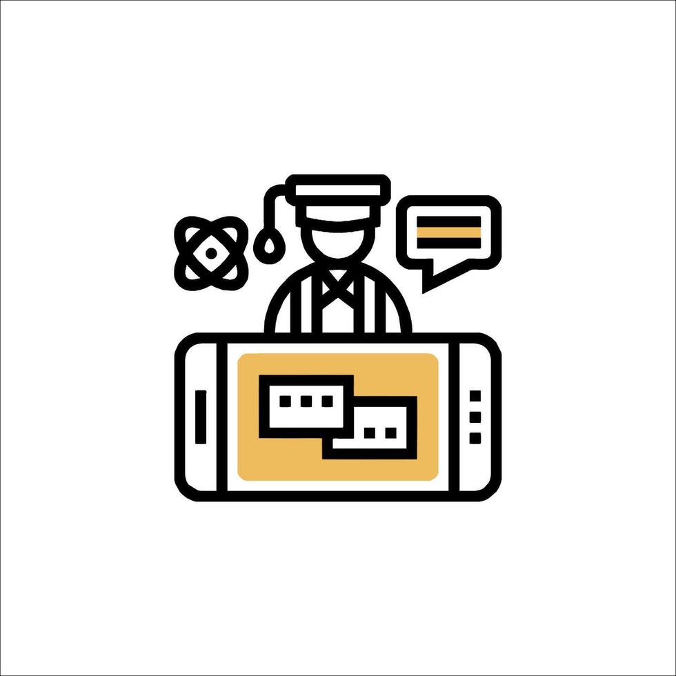 A person sitting at a computer with a phone and a chat bubble vector