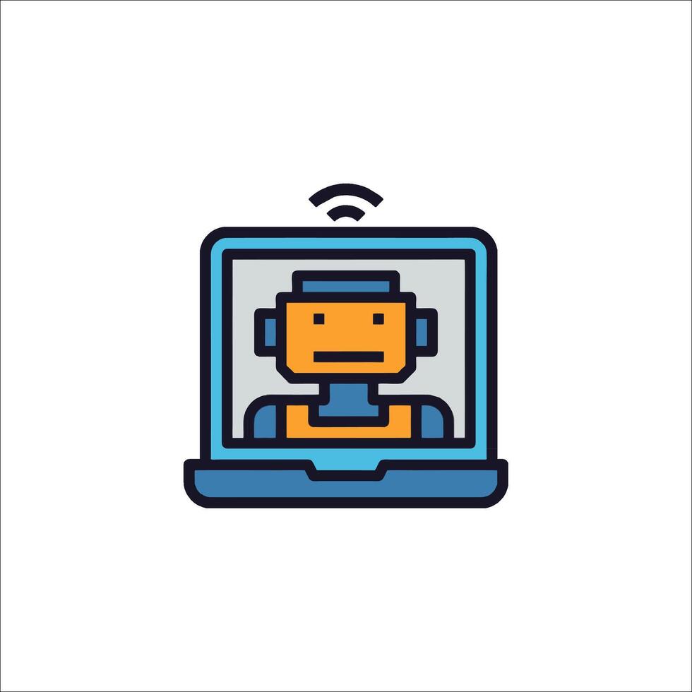 A robot is sitting in front of a laptop vector