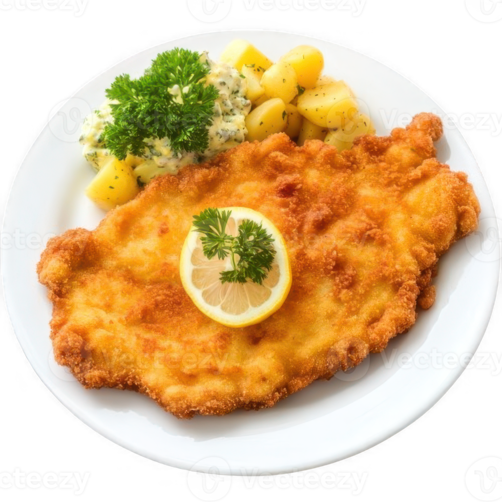 Schnitzel with potato salad and parsley on white plate png