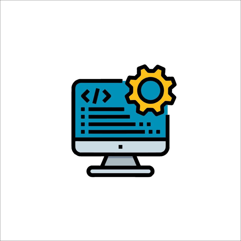 A computer with a gear on it and a code symbol vector