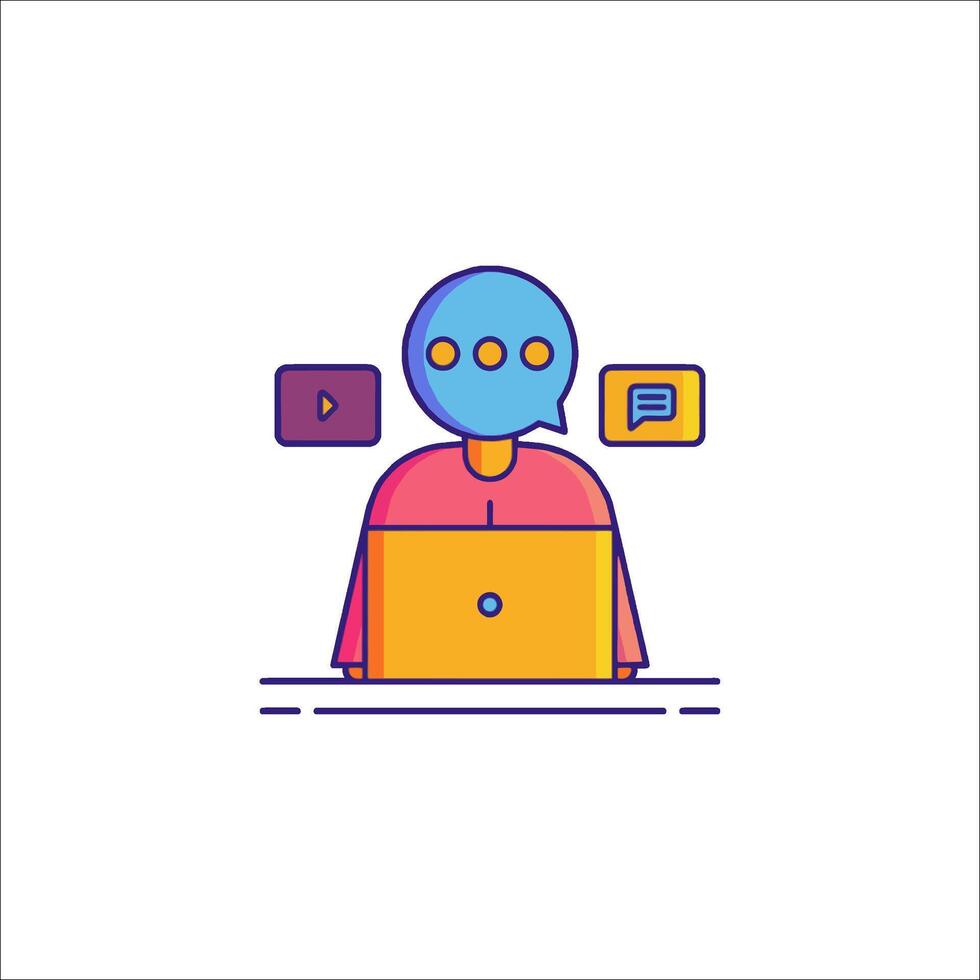 A person sitting at a desk with a laptop and a chat bubble vector