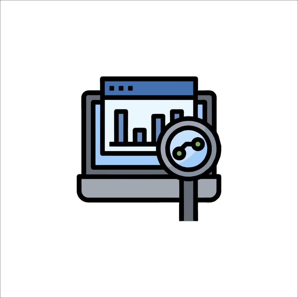 A laptop with a magnifying glass and a bar graph vector
