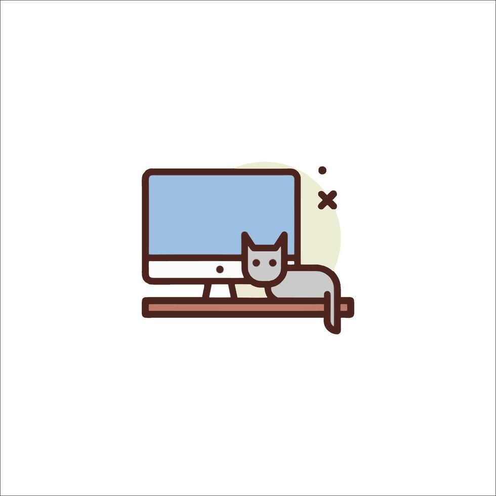 A cat is sitting on a desk with a computer monitor vector