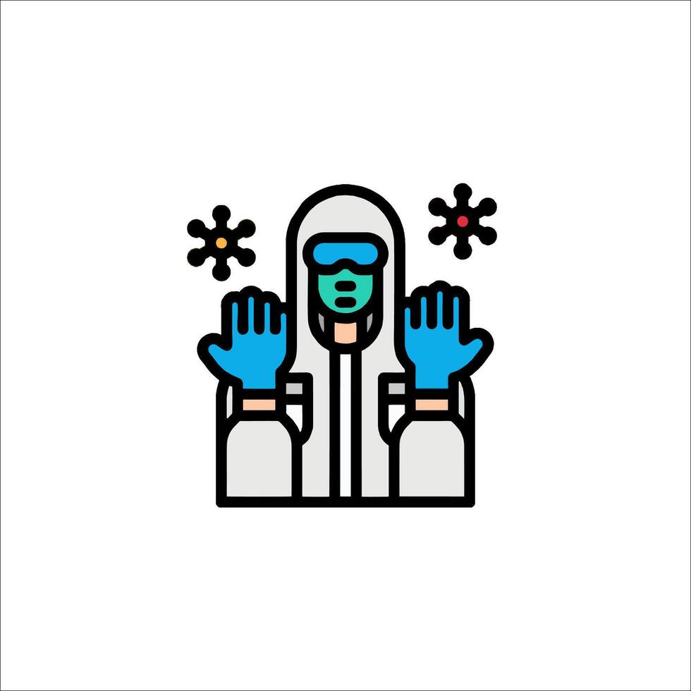 A person wearing a mask and gloves is holding up two hands vector