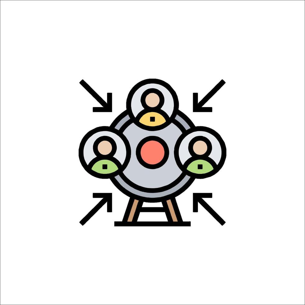 A group of people are sitting around a table with arrows pointing to it vector