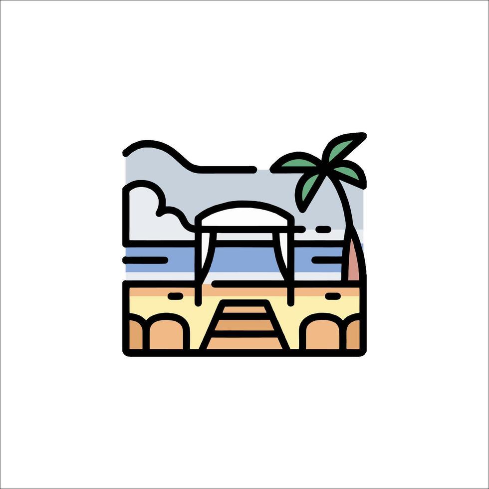 A beach scene with a gazebo and palm trees vector