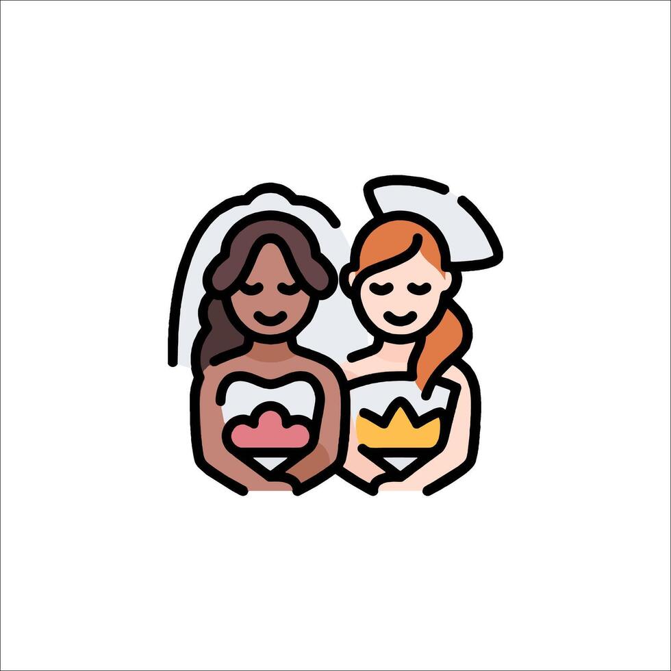 Two women in wedding dresses holding hands vector
