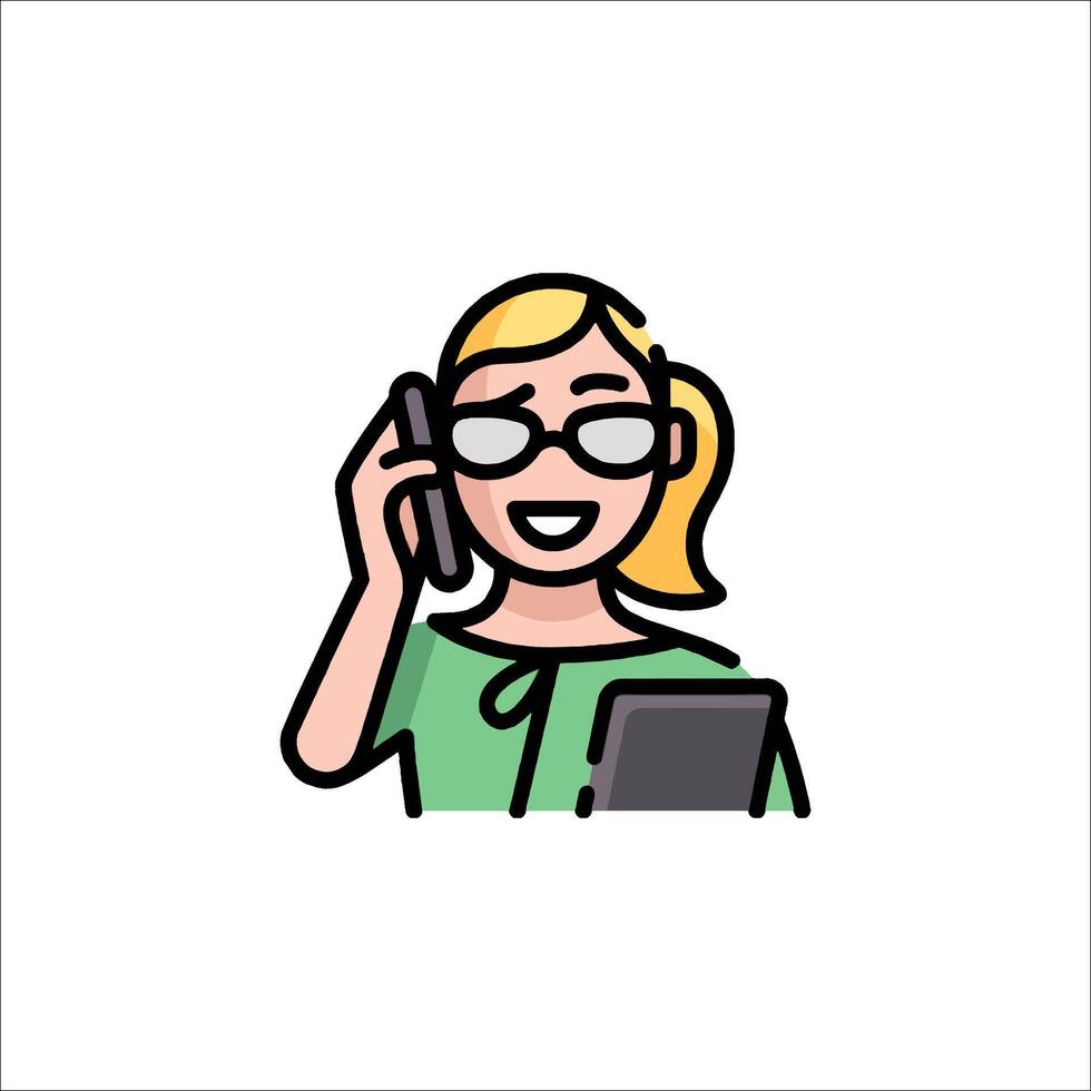 A woman with glasses and a tablet talking on the phone vector