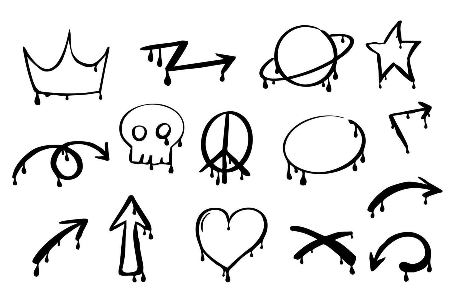 Graffiti y2k groovy tattoo hand drawn paint with splatter street drawing. Heart, smile arrow elements, ink print. Trendy splash brush illustrations. vector