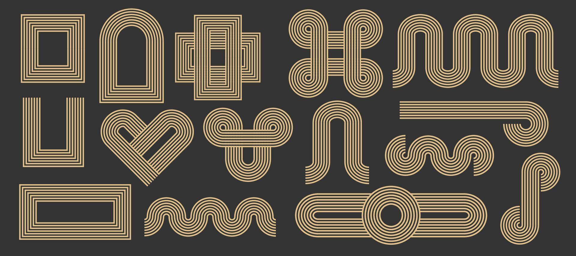 Zen arch, gold geometric lines, knots abstract contemporary shapes. Set modern golden minimal aesthetic borders, frames, corners. Stripes balance elements. vector