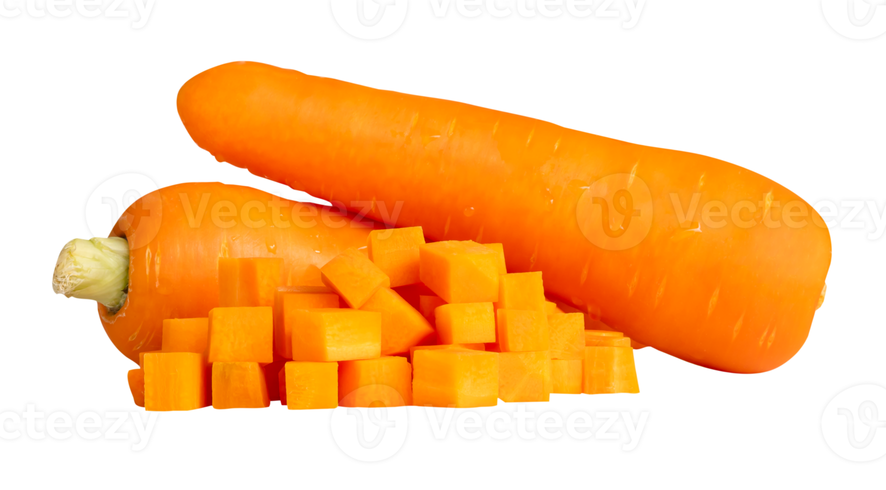 Two fresh orange carrot roots with cube shape of slices in horizontal pile isolated in file format png