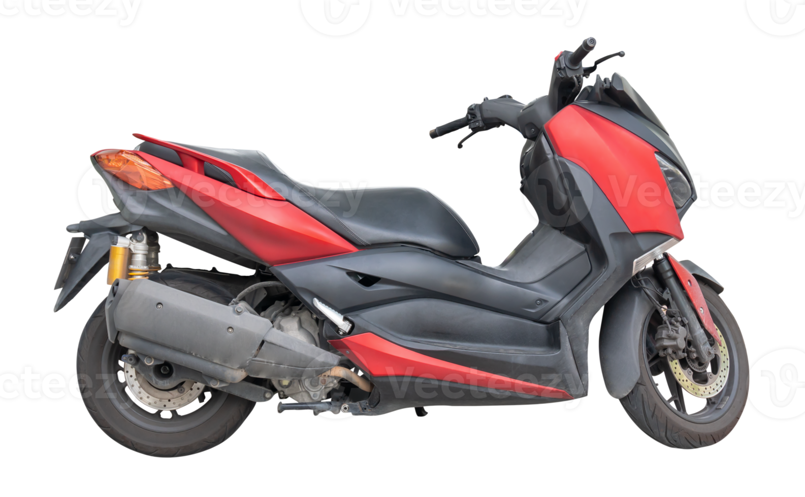 Side view of strong and beautiful red and black urban motorbike or motorcycle isolated with clipping path in file format png