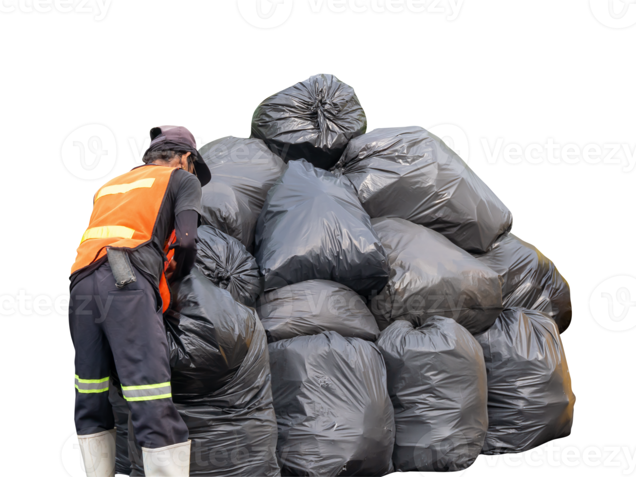 Garbage worker or trash collector collecting garbage in black plastic bags in giant stack isolated with clipping path in file format png