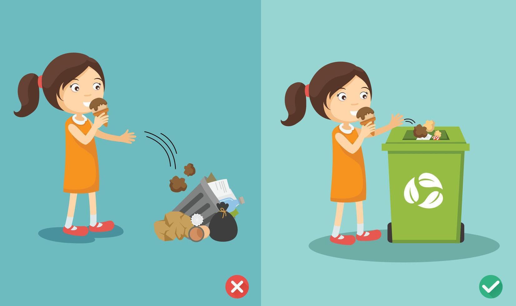 Do not throw littering on the floor.wrong and right. illustration vector