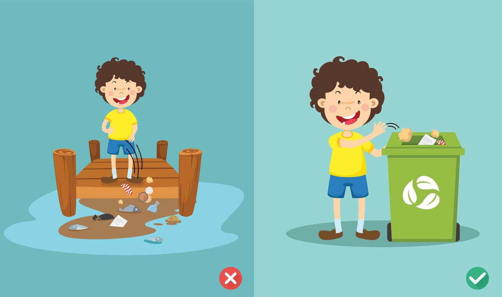 Do not throw littering on the floor.wrong and right. illustration vector