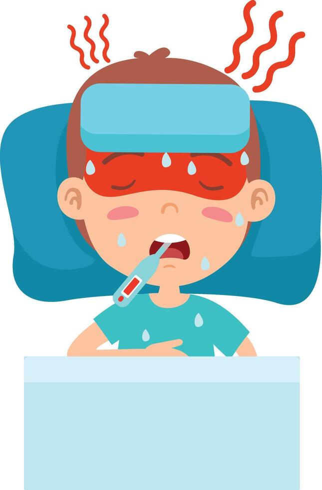 Kid boy lying in bed with high fever vector