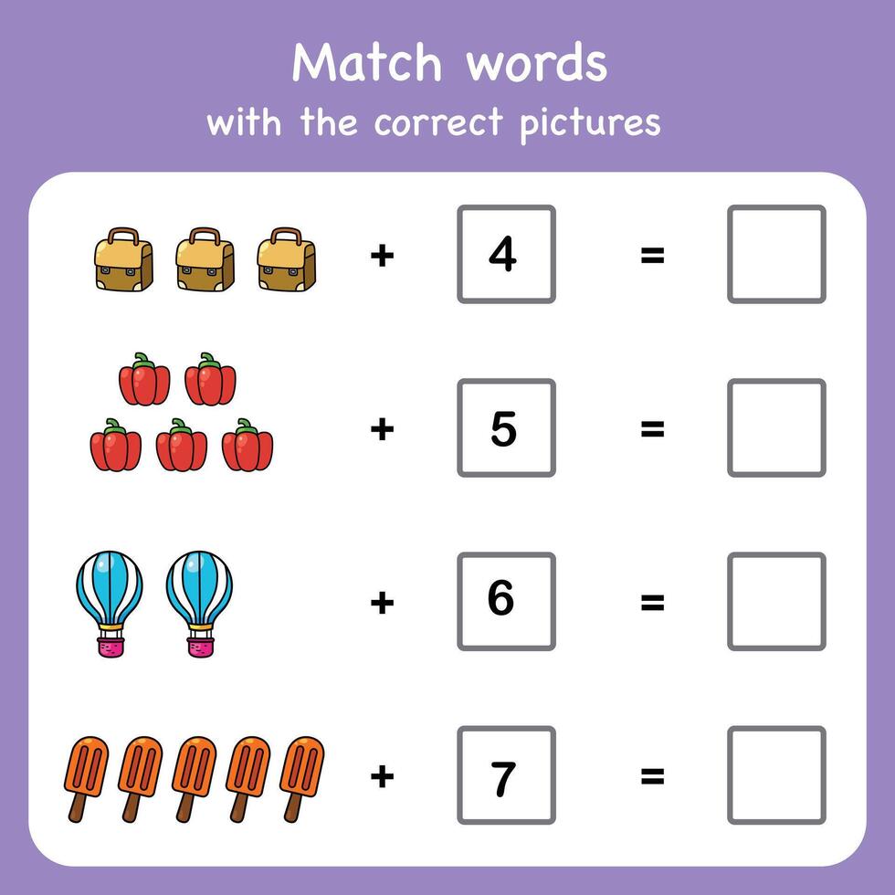 adding and match with pictures. Educational worksheet for preschool vector