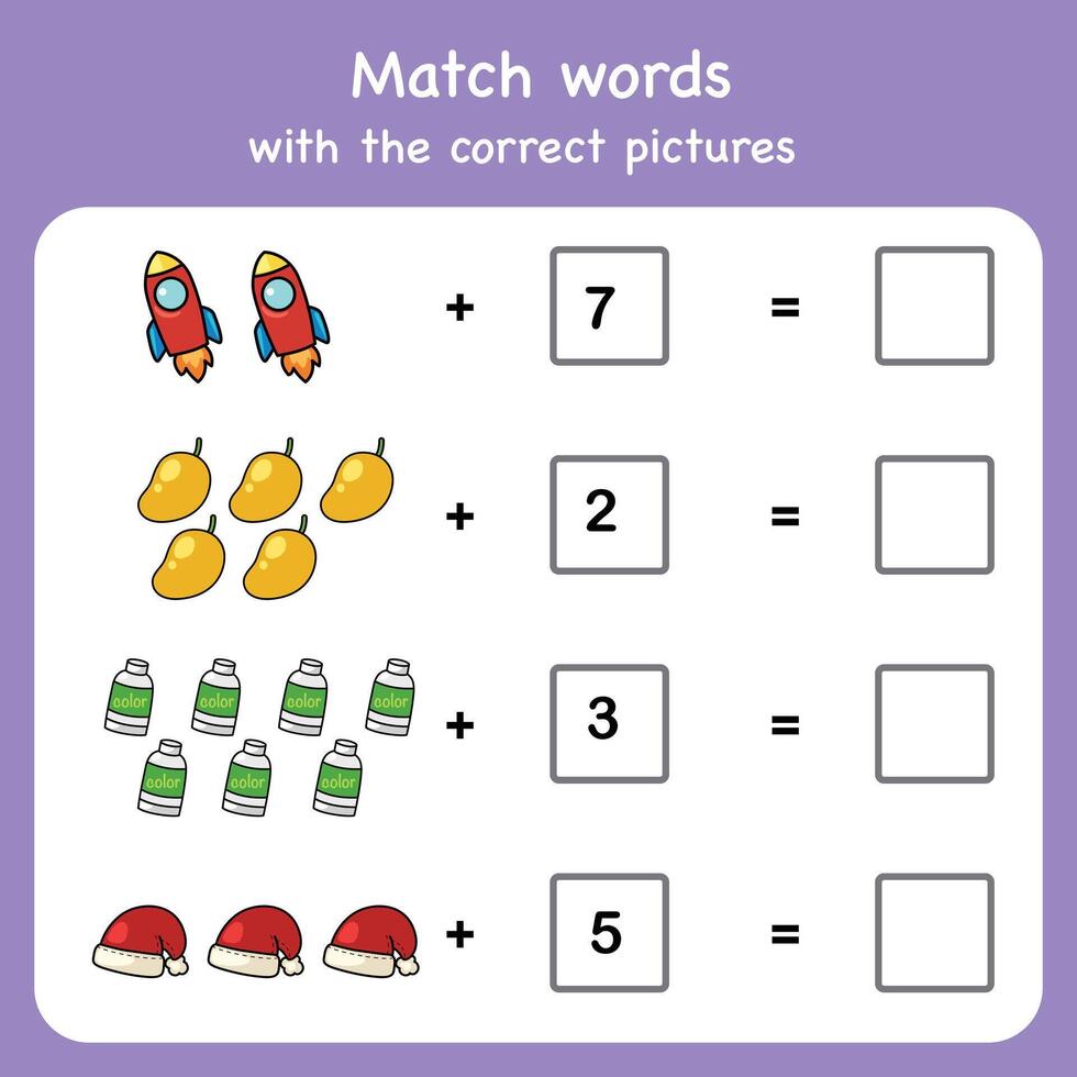 adding and match with pictures. Educational worksheet for preschool vector