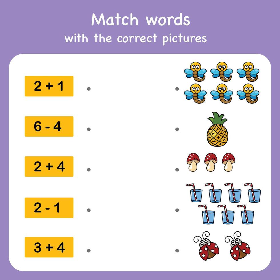 adding and subtract match with pictures. Educational worksheet for preschool vector