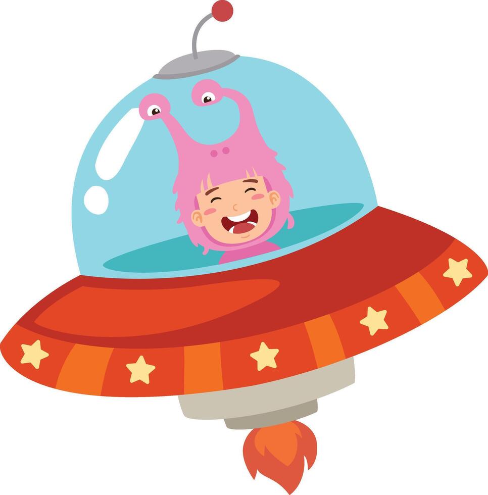 cartoon characters kid alien spaceship vector