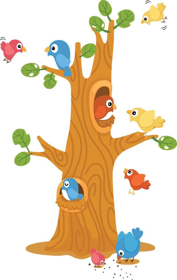 cute cartoon birds on tree character on white background illustration vector