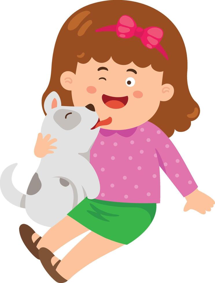 happy cute little girl hugging dog illustration vector