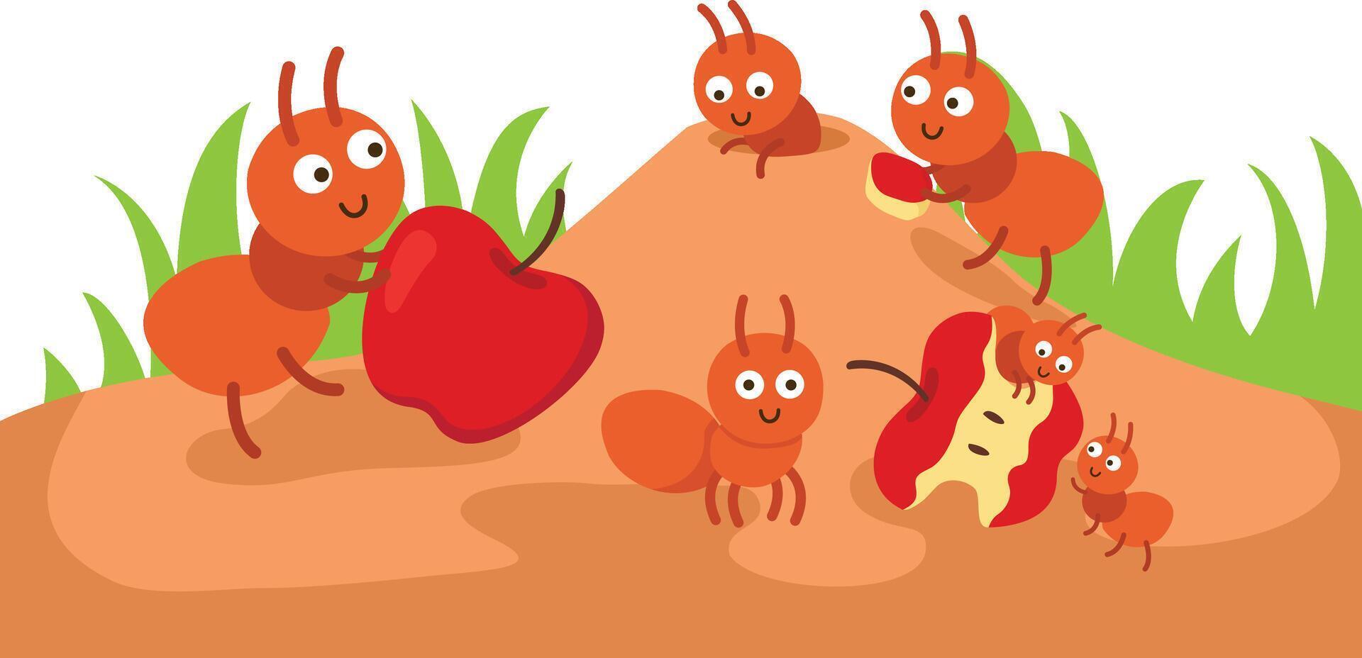ants colony working together bringing food to ant hill illustration vector