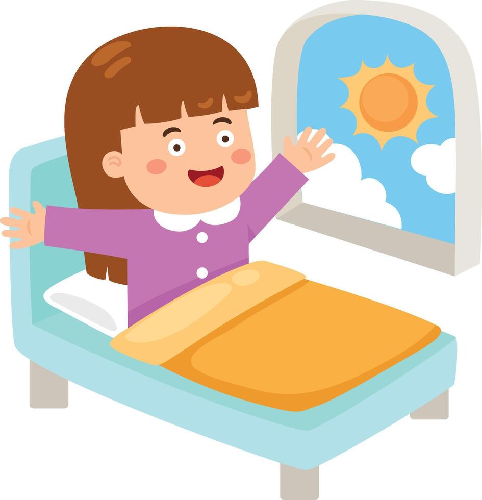 kid girl wake up in the morning vector