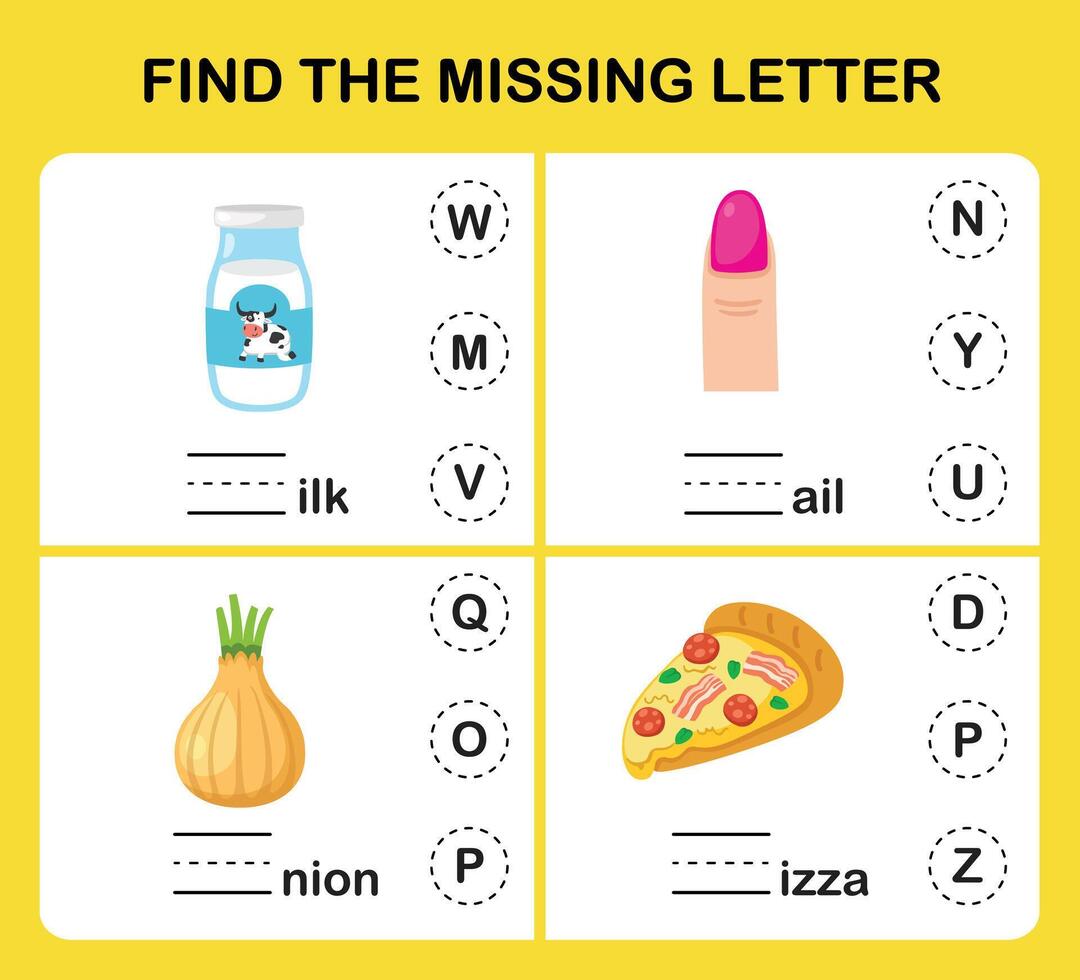 Find the missing letter.Education game for kids vector