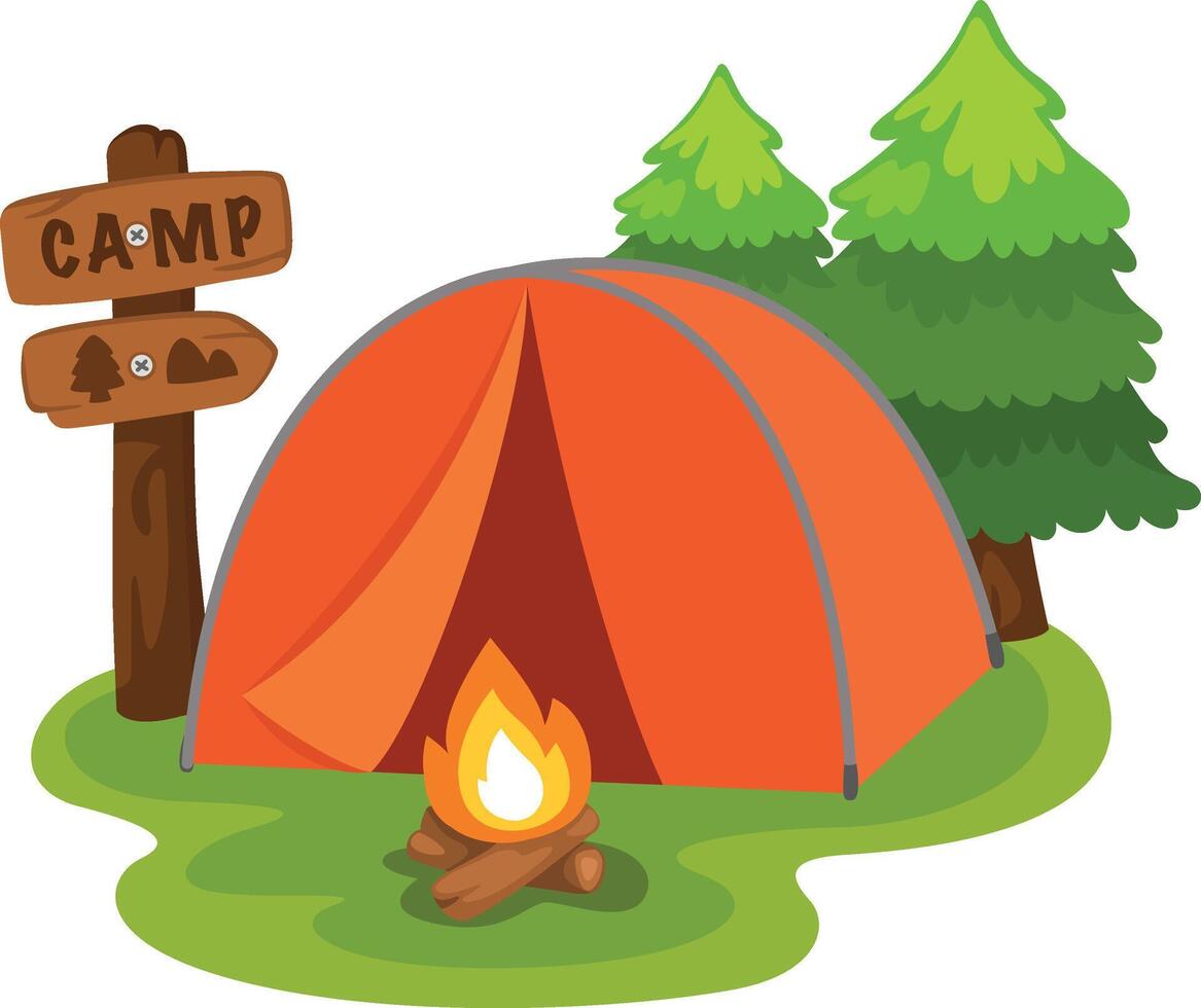 Illustration of isolated camping in forest with tent vector