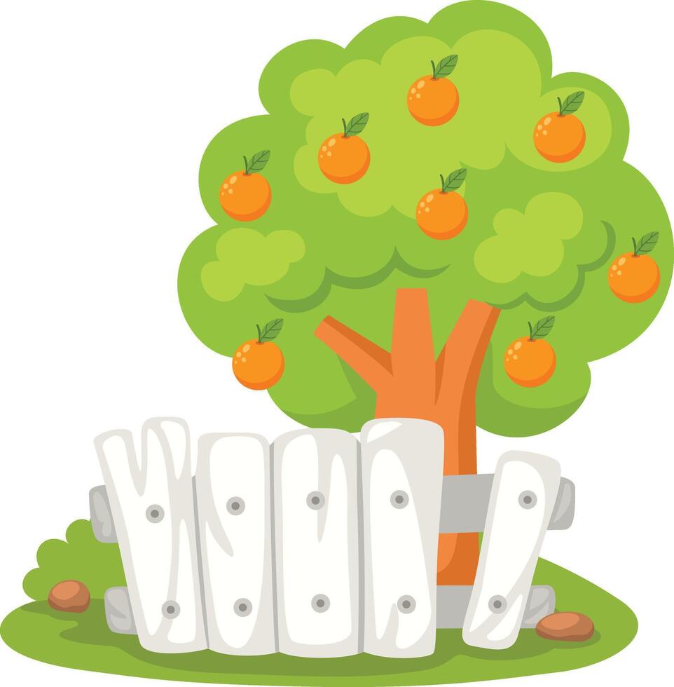 Fruit tree with white wood fence illustration vector