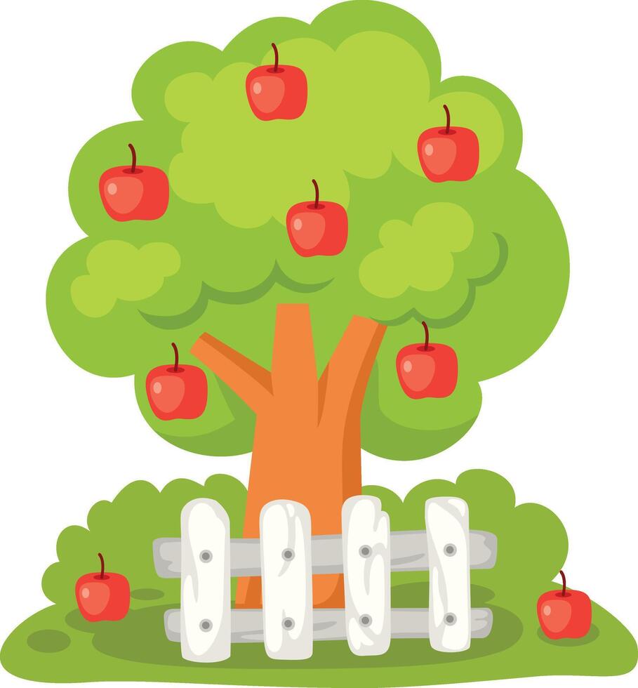 Fruit tree with white wood fence illustration vector