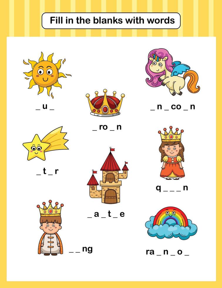 Fill in the blanks with words education worksheet for kids illustration vector