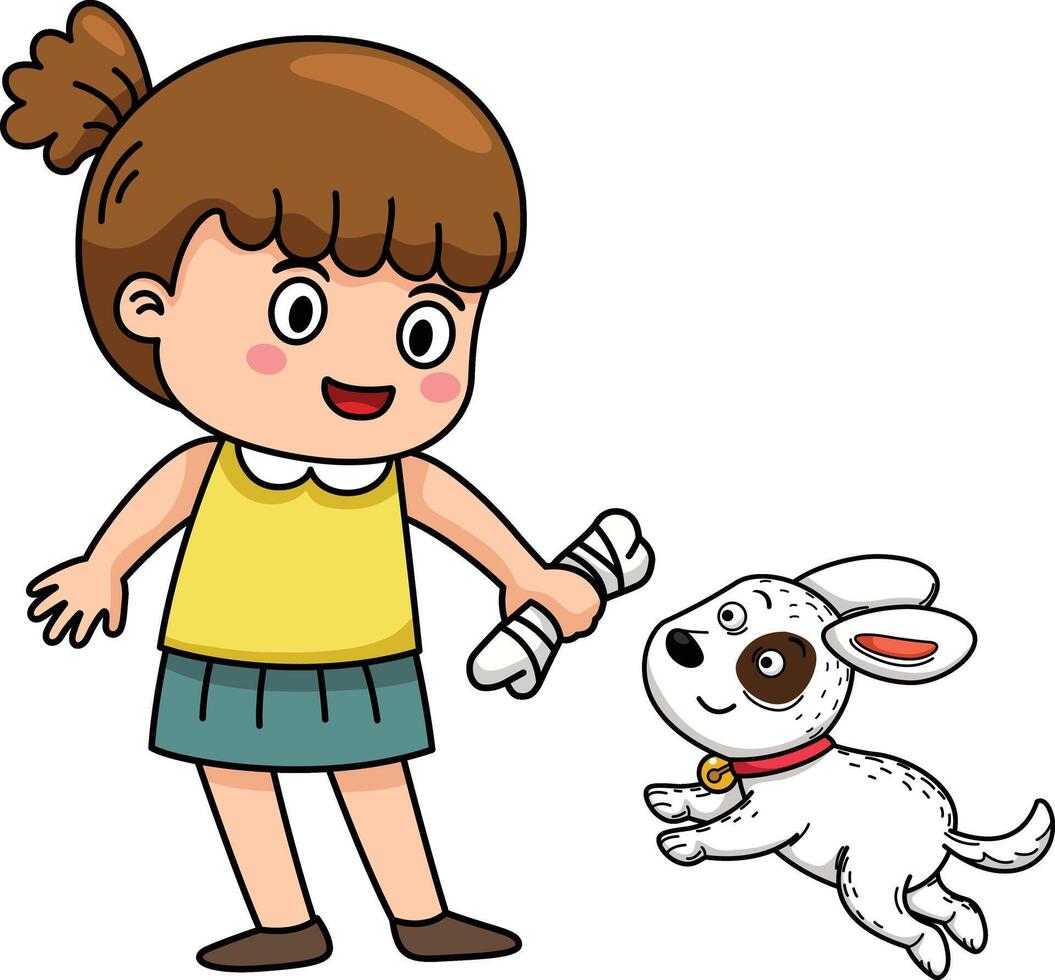 happy cute kid play with dog illustration vector
