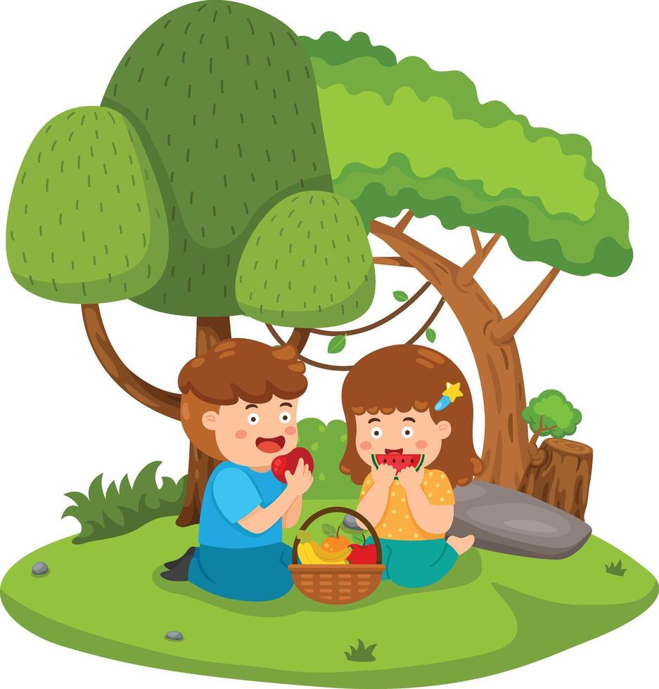 illustration cartoon kid boy and girl picnic on the park vector