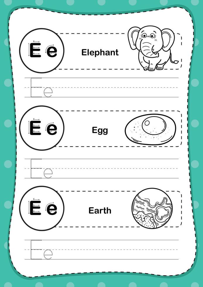Alphabet letter E exercise with cartoon vocabulary for coloring book illustration, vector
