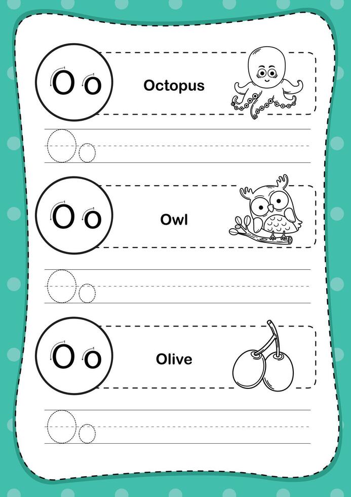 Alphabet letter O exercise with cartoon vocabulary for coloring book illustration, vector